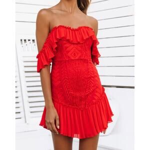 Hello Molly Something To Be Said Dress Red Embroidered Ruffle Mini US 6 Medium.